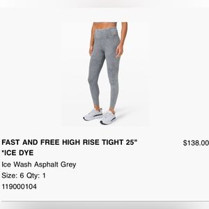 Lululemon fast and free high rise tight 25” ice gray 6